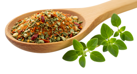 Wooden spoon with mixed dried herbs and spices with fresh basil leaves isolated on white, perfect for cooking and seasoning recipes