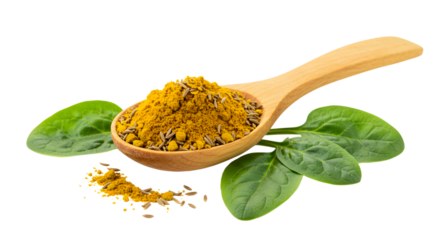 Wooden spoon with turmeric powder and fresh green leaves against white background, perfect for cooking and natural health visuals