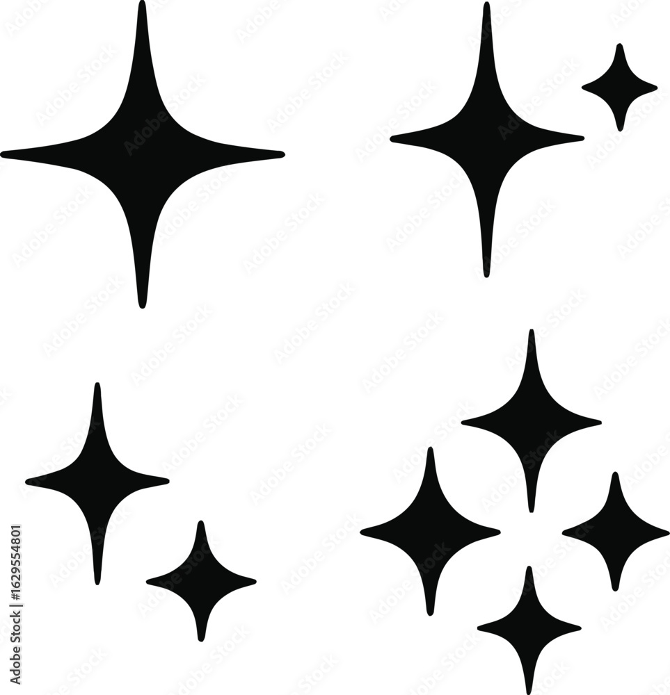 Poster four variations of sparkle star icons with different arrangements and sizes