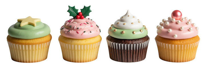 Four festive decorated cupcakes with colorful frosting isolated on transparent background