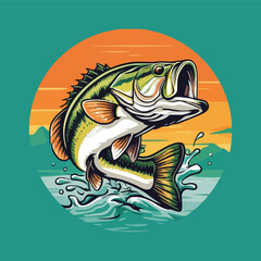 Retro bass fishing logo illustration. Vintage outdoor adventure sport emblem.