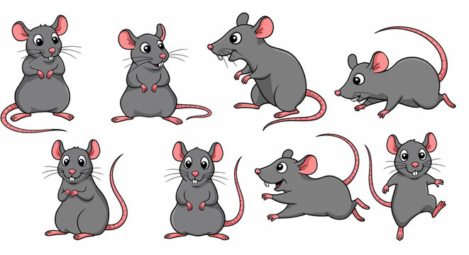 Adorable cartoon grey mice with pink ears long tails big eyes and prominent teeth in various playful poses.