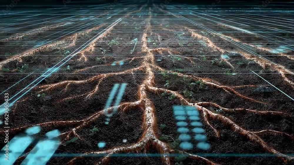 Poster digital grid system is analyzing and controlling growth of plant roots. symbolizing innovative techn
