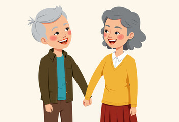 Obraz premium Elderly couple holding hands and smiling at each other in joy 
