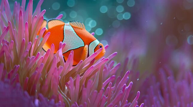 A clownfish peeking out from a swaying anemone, with vibrant reef colors and tiny floating particles creating depth