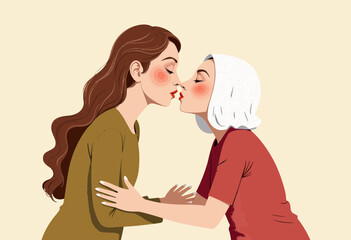 Fototapeta premium Young women kissing with affection in illustrated style 