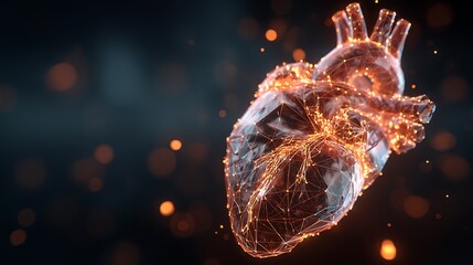 Futuristic 3d heart with glowing digital lines on dark abstract background representing advanced cardiology technology