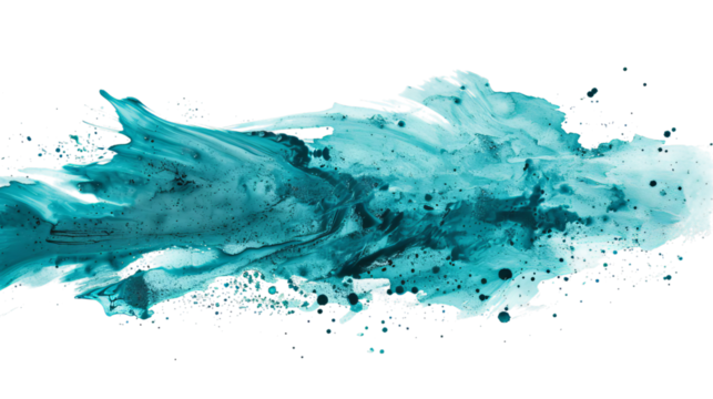 An abstract splash of turquoise paint with dynamic movement and texture, creating a vibrant visual impact.