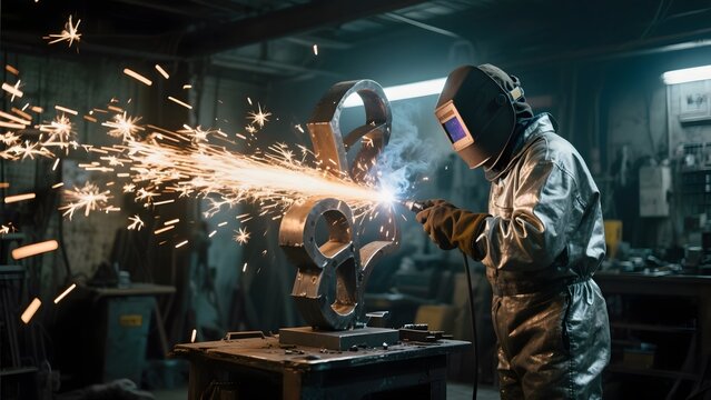 Welder crafting a metallic sculpture in a workshop, sparks flying as they work meticulously.