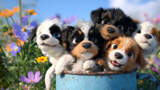 Group of playful puppies with happy expressions on flower background. Concept of cuteness and companionship