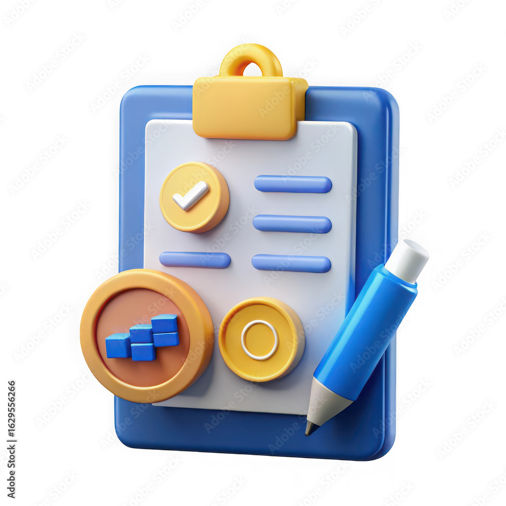 Poster 3d illustration of a 3d illustration of a clipboard with a checklist and financial charts representi