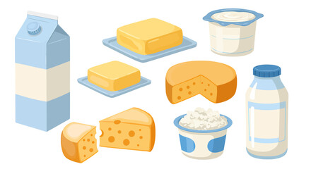 Assorted Dairy Products Milk Carton Butter Yogurt Cheese and Cottage Cheese.