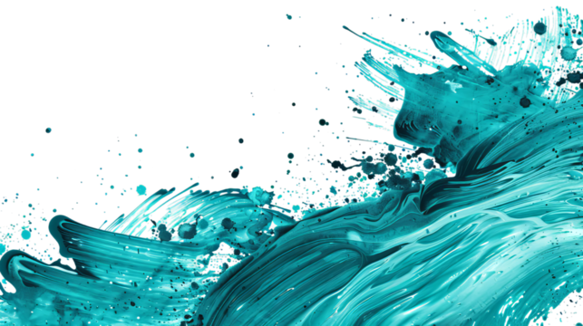 A vibrant swirl of turquoise paint, creating a dynamic and energetic abstract design with splashes and flowing curves.