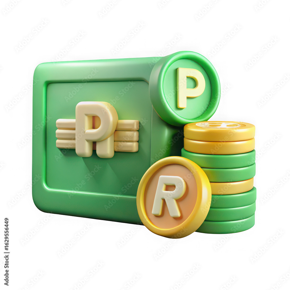 Poster 3d rendered green wallet with stacked coins featuring r and p symbols isolated on transparent backgr