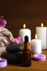 Vertical view of composition with spa products on wooden surface