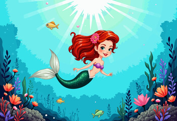 Cute cartoon mermaid swimming in colorful underwater scene  