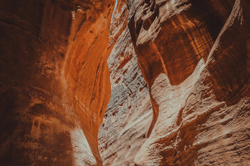 Scenic view from within the narrow Siq canyon in Petra, Jordan, surrounded by towering sandstone cliffs with rich textures and natural light filtering between the rocks