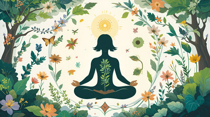 Illustration of a person surrounded by nature elements symbolizing holistic health and balance.