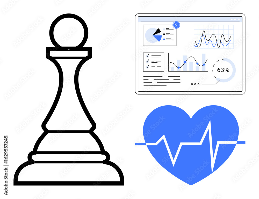 Poster chess pawn symbolizes strategy with a digital analytics dashboard showcasing data trends and a heart