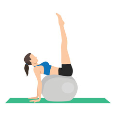 Fototapeta premium Woman performs a leg raise while balancing on a Swiss ball, engaging the core. Flat vector illustration isolated on white background