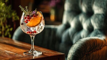 Gin cocktail with ice orange slice thyme and berries in large glass on wooden table soft velvet chair background