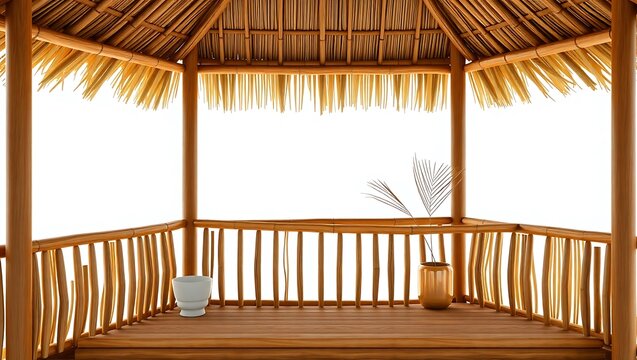 Filipino nipa hut balcony, bamboo and palm materials, 3D visual rendering