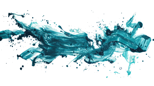 A dynamic splash of turquoise liquid, showcasing fluid motion and vibrant hues against a dark background.