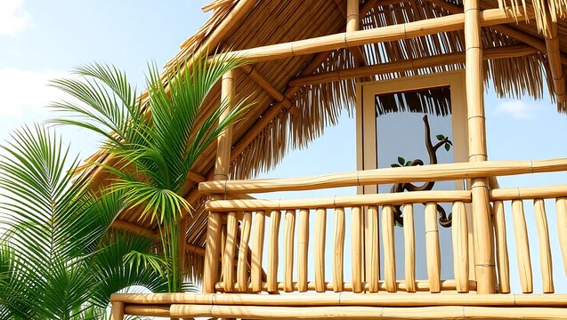 Filipino nipa hut balcony, bamboo and palm materials, 3D visual rendering