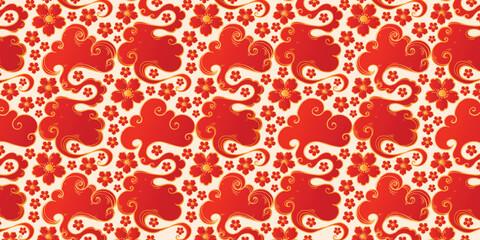 Red Asian Clouds and Flowers Seamless Pattern. Traditional Japanese and Chinese wavy clouds with gold outline and blooming florals. Elegant repeatable backdrop perfect for textiles, clothing