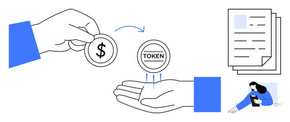 Hand exchanging dollar coin for token, blue accents, digital document, and user interaction. Ideal for digital currency, blockchain, business, finance, transaction technology simple landing page