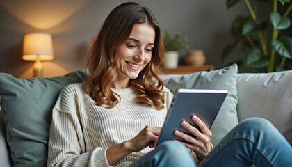 Smiling woman using a tablet while relaxing on a cozy couch at home