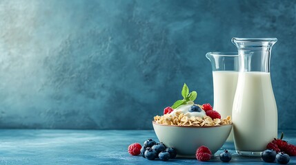 Glass of milk jug and bottle of milk accompanied by a bowl of cereal topped with berries set against a vibrant blue backdrop featuring elegant details