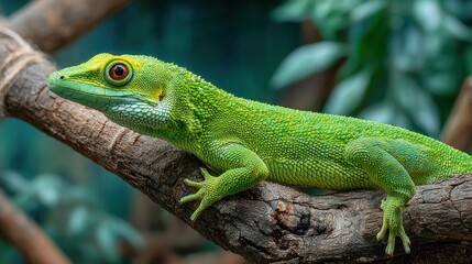 Fototapeta premium Vibrant green lizard on a branch