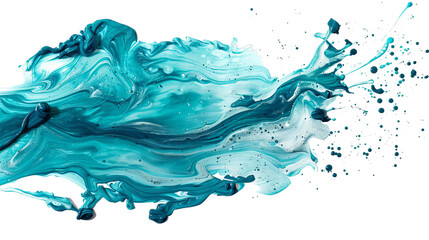 Vibrant blue and turquoise paint swirl, creating dynamic waves and splashes against a black background.