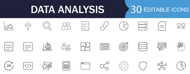 Data Analysis line Icon Set. Features icons of pie chart, database, report, and security. Perfect for business intelligence apps and market research.