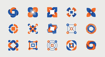 Fototapeta premium Vector art of set of abstract geometric logos and icons in blue and orange isolated on white background transparent background