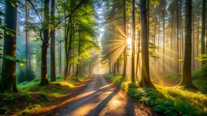 Fototapeta premium Sunlight filtering through forest trees