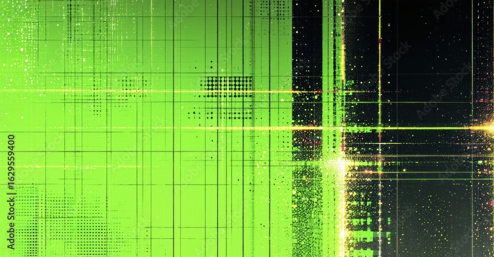 Poster bright green grid pattern dominates image. dark background creates contrast. digital aesthetic, glow