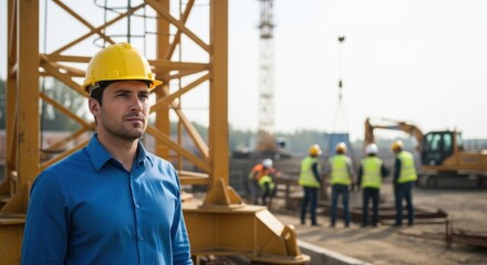Confident engineer at busy construction site with team and machinery in background