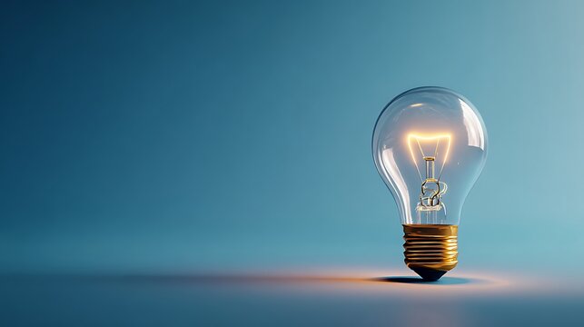 Glowing light bulb standing upright on smooth blue surface with soft gradient background