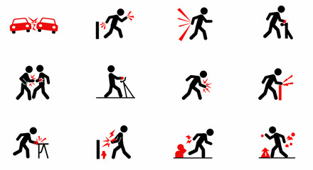 Collection of Stick Figure Icons Depicting Injuries and Accidents.