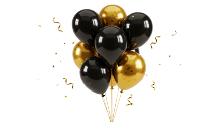 Black and gold balloons bunch with golden confetti on black background, perfect for elegant parties and celebrations