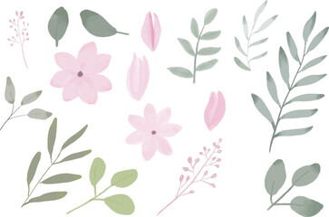 set element pink flowers and green leaves