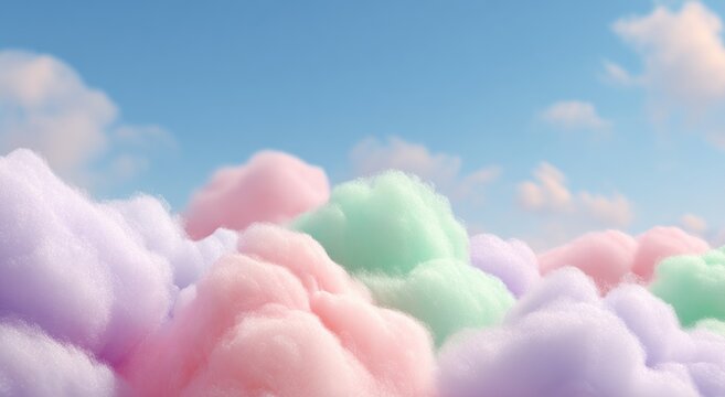Fototapeta In the blue sky, there is one white cloud and three pink clouds in different sizes on both sides of it. The background color has elements of pastel colors, reminiscent of cotton candy. 