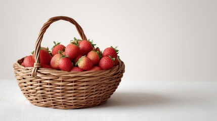 Fresh strawberries in a woven basket placed on a simple white surface.