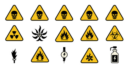 Collection of Yellow Warning Hazard Symbols on Black Background.