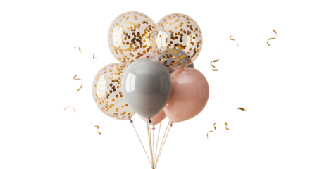 Bundle of gold confetti balloons with solid pink and silver balloons on white background, festive decoration perfect for parties and celebrations