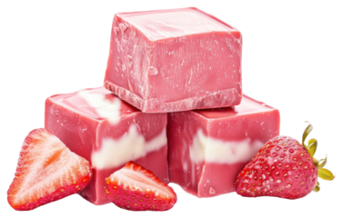 Three pink white chocolate fudge cubes stacked strawberry dessert produce.