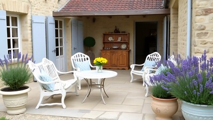 French farmhouse terrace with rustic furniture and lavender pots