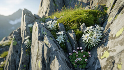 Edelweiss Alpine Flower – Rare Leontopodium Alpinum in Natural Mountain Habitat
